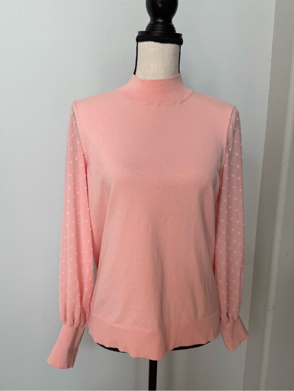 CeCe Blush Pink Mock Neck Sweater with Sheer Dotted Sleeves
